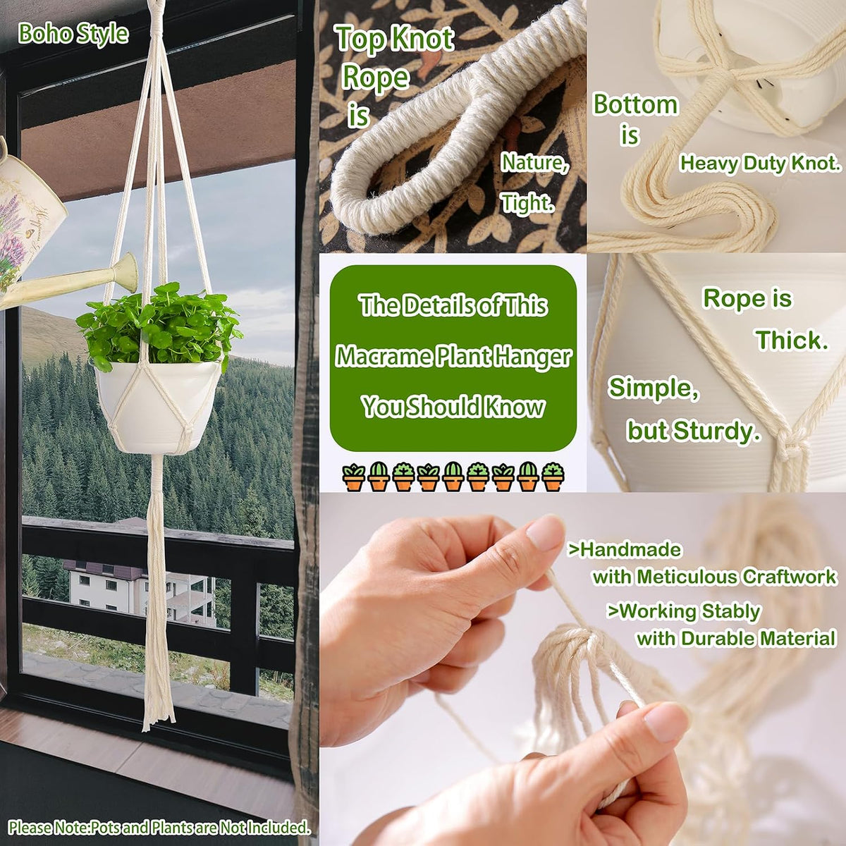 4 Pack Macrame Plant Hangers Indoor Set Large Crochet Hanging Holder, Ivory