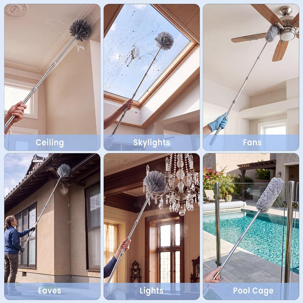8FT Cobweb Duster, Ceiling Fan, Extension Pole, 2 Brush Heads