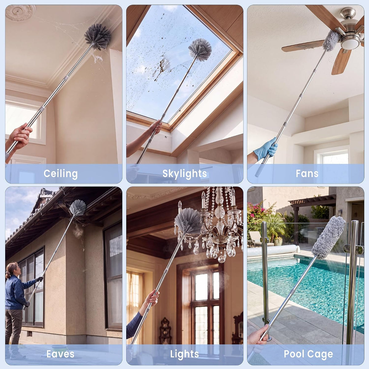 8FT Cobweb Duster, Ceiling Fan, Extension Pole, 2 Brush Heads