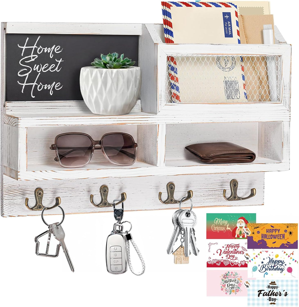 Key Holder Wall Mount, Wooden Mail and Key Organizer, White