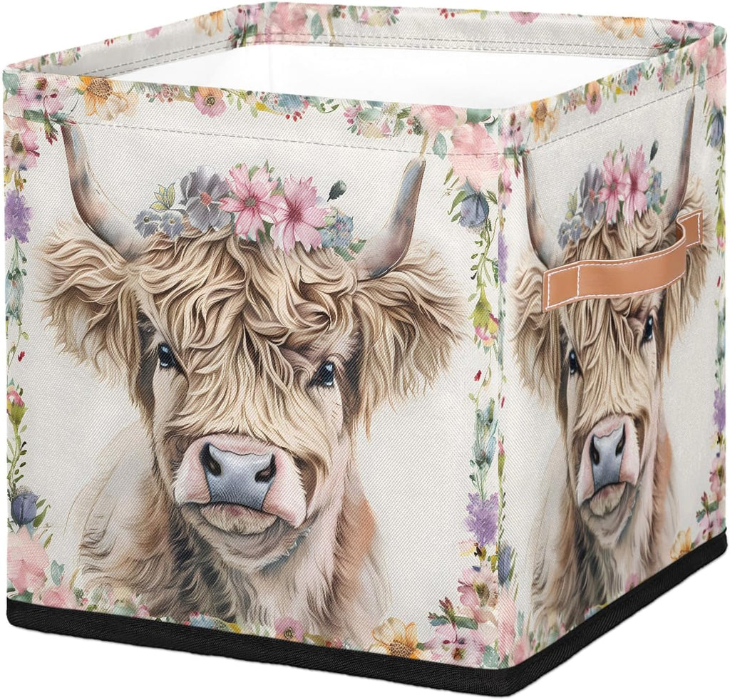 11 Inch Fabric Storage Cube with Handles, Highland Cow Collapsible Storage Basket for Shelves, Square Storage Bin Canvas Closet Organizer for Decor