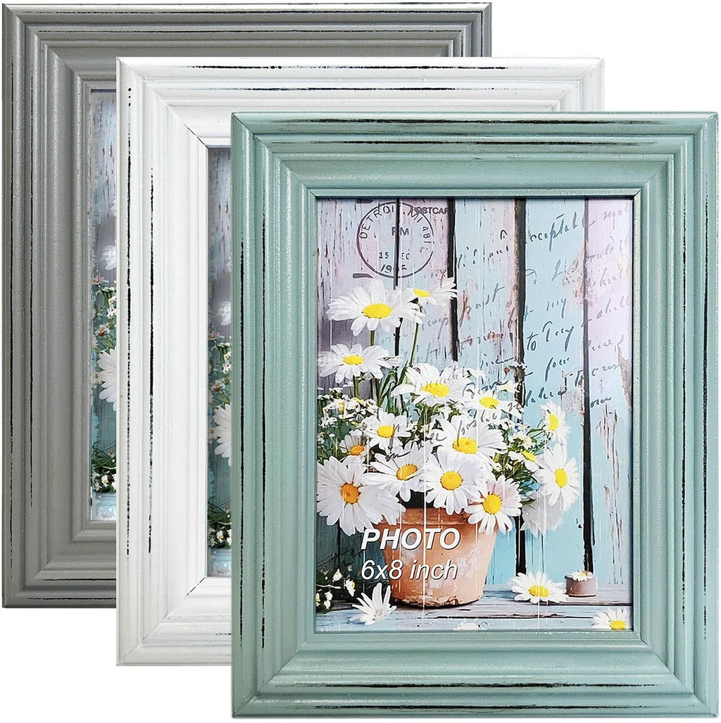 Distressed Shabby Chic 6"x8" Wooden Picture Frames 3pcs (Aqua Gray White)