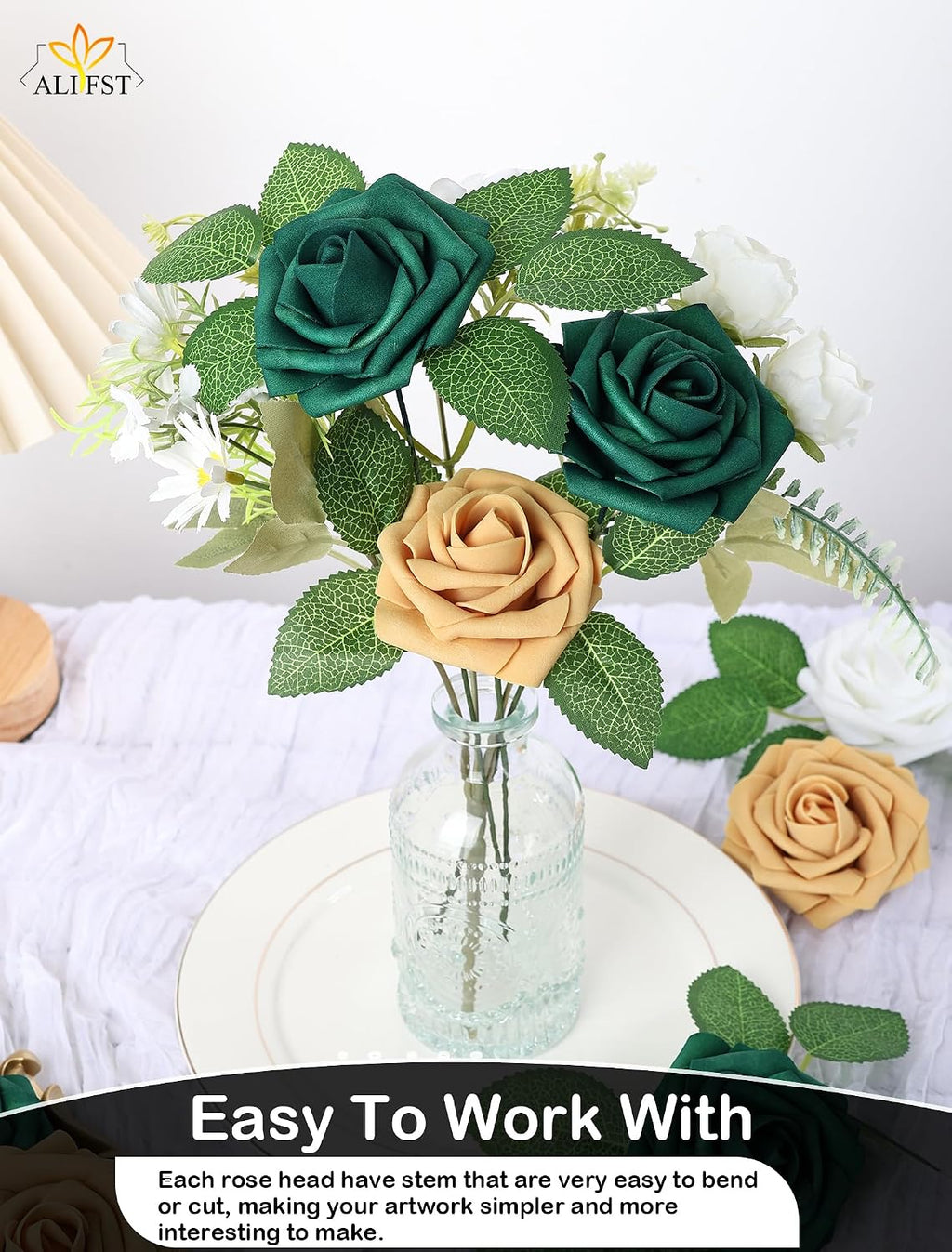 25pcs Artificial Flowers，Real Touch Artificial Foam Roses Decoration DIY for Wedding Bridesmaid Bridal Bouquet Centerpieces Party (25, Army Green)
