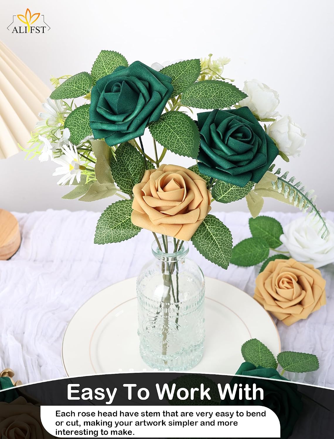 25pcs Artificial Flowers，Real Touch Artificial Foam Roses Decoration DIY for Wedding Bridesmaid Bridal Bouquet Centerpieces Party (25, Army Green)