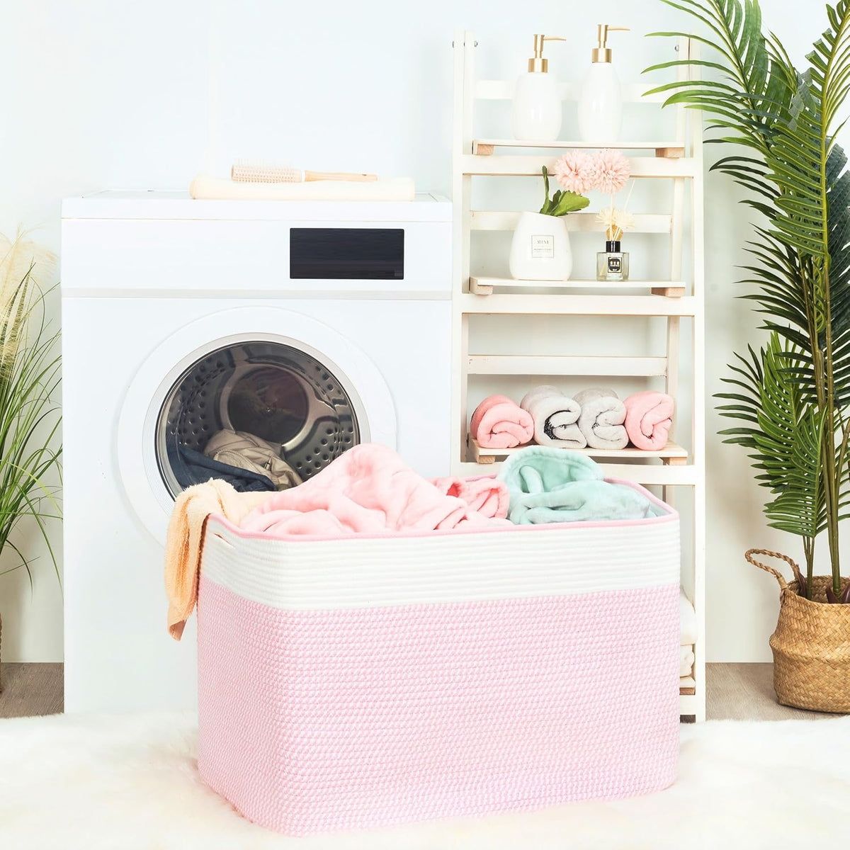 MINTWOOD Design 112L Extra Large Blanket Basket Holder Living Room, 25"x17"x16" Rectangle Rope Woven Storage Basket with Handles for Laundry, Towels, Shoes, Dog Toy Organizer Bin Box, Light Pink