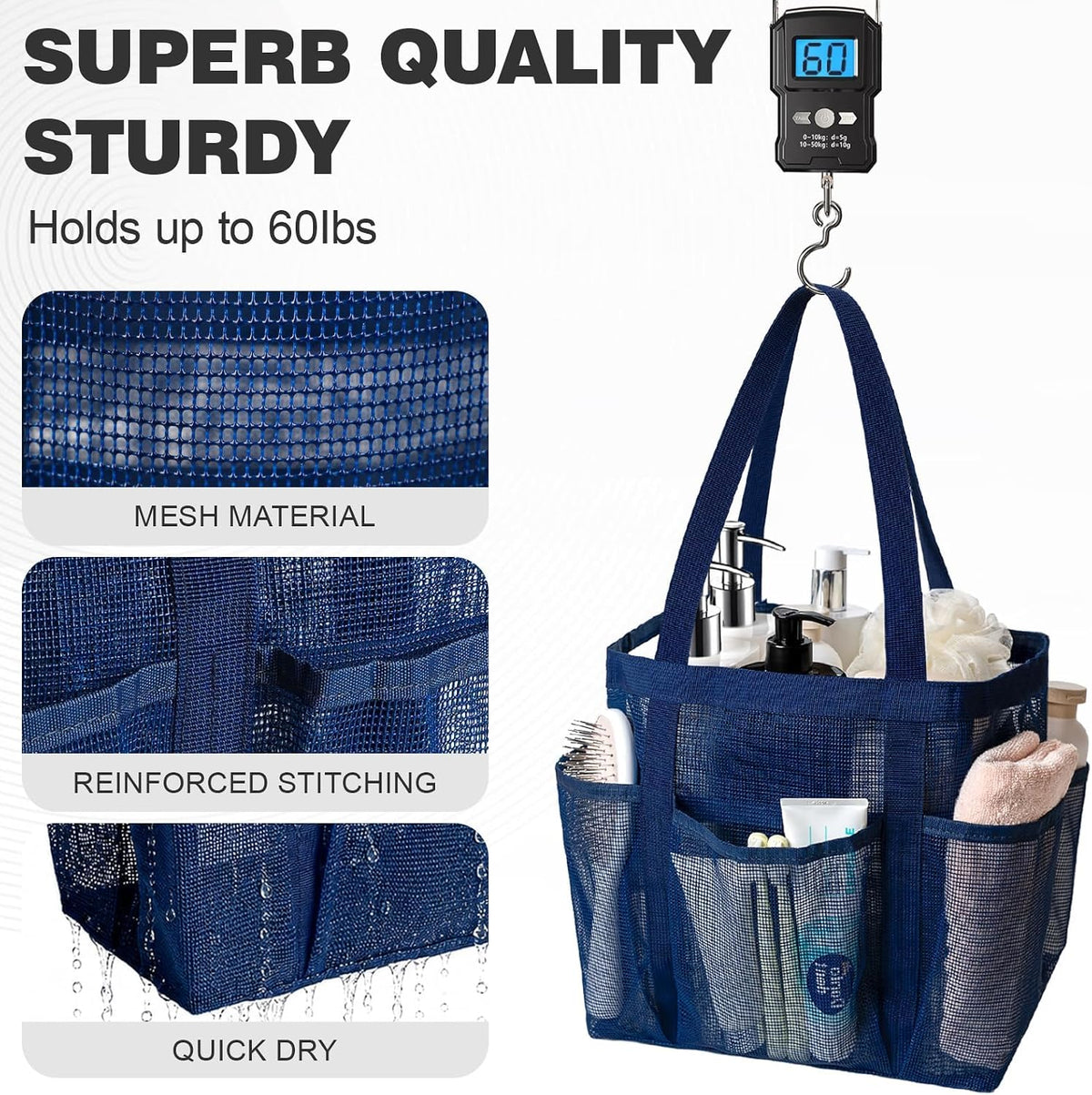 Mesh Shower Caddy Portable with Zipper for College Dorm Essentials Blue