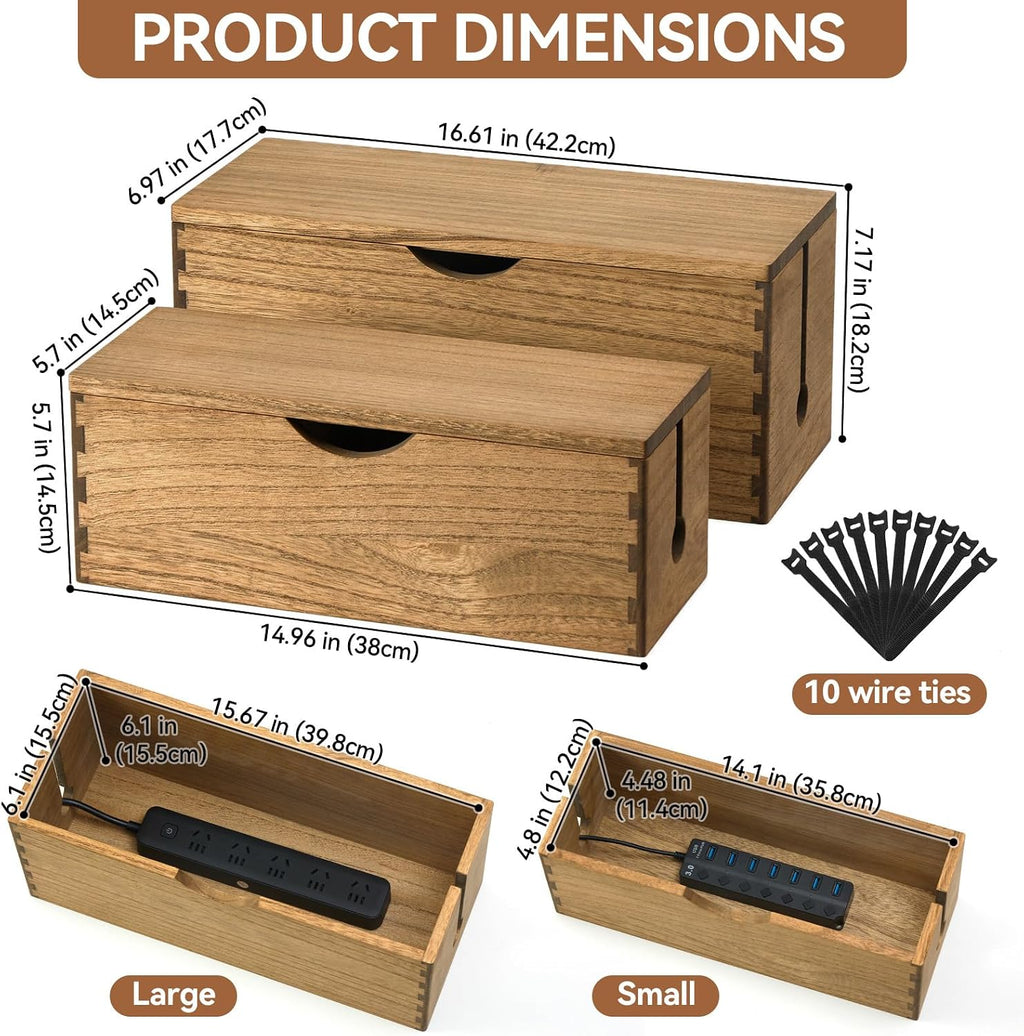 KIRIGEN Wooden Cable Management Box Set of 2, Cord Organizer, Brown