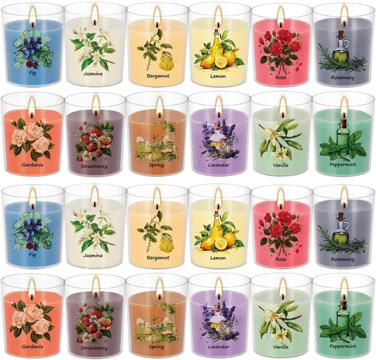 Aromatherapy Candles Set - 24 Pack Scented Candles with 12 Natural Fragrances, Votive Candles in Clear Plastic Jars for Home Decor, Stress Relief, Sleep, Ideal Gift for Women,Mother's Day, Birthday.
