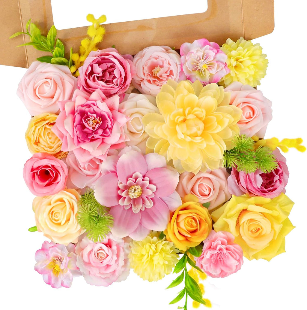 Pink and Yellow Artificial Flowers, Fake Rose Silk Flower for Centerpieces Pastel Flowers for DIY Wedding Bridal Bouquet Baby Shower Birthday Party Home Decorations