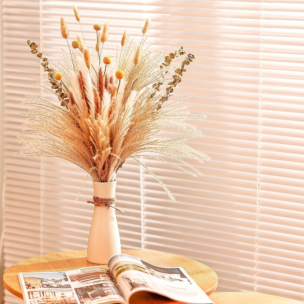 Natural Dried Pampas Grass Bouquet 78pcs 17inch Home Decor, White Pampas & Brown Pampas & Reed Grass & Bunny Tails Grass & Craspedia & Eucalyptus, Boho Wedding Decor Flowers Arrangement