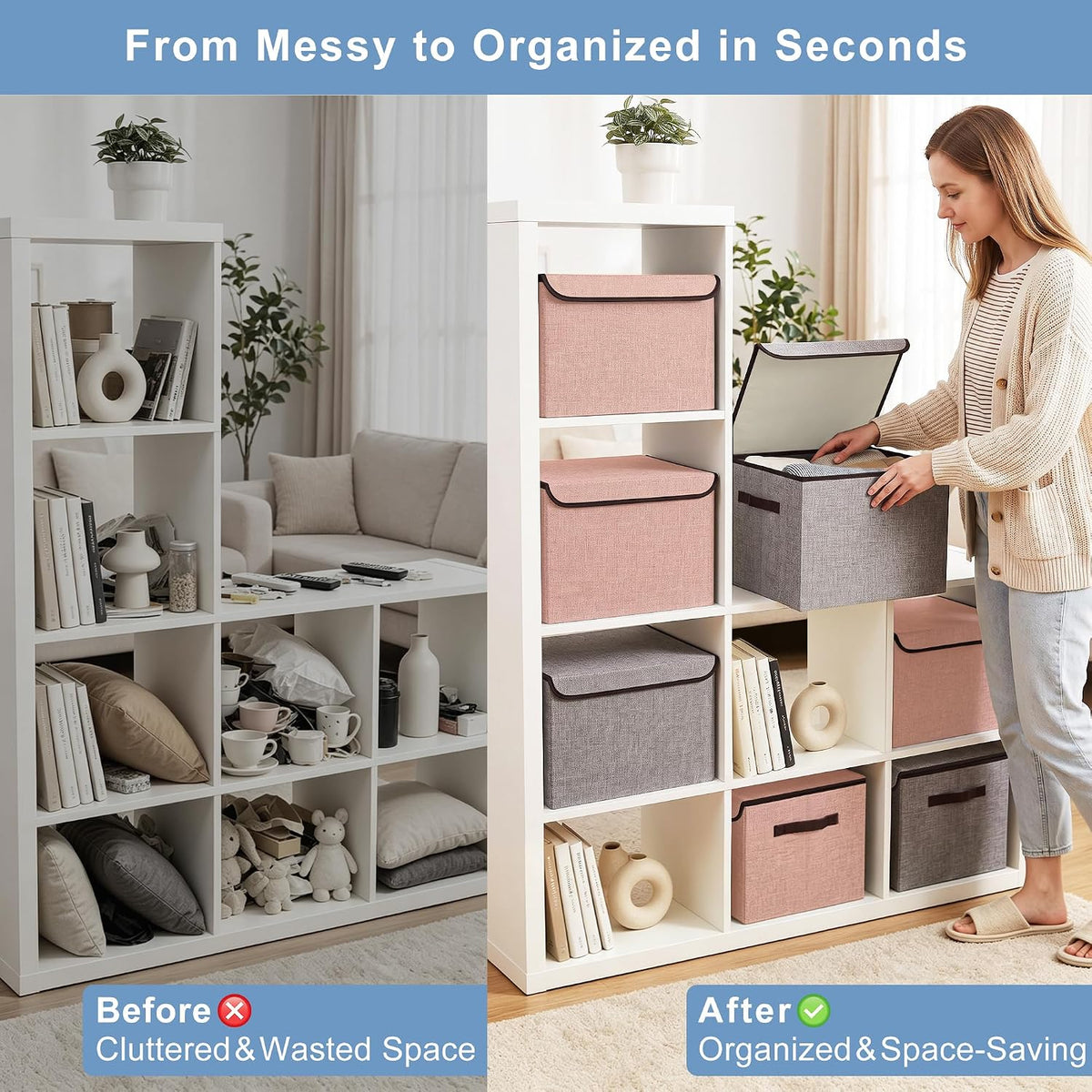 Bagnizer Linen Fabric Foldable Storage Cube Bin Organizer Basket with Flip-Top Lid & Handles, Large Clothes Blanket Box for Home, Office, Closet, Gray & Pink, 4 Pack 14.6 x 9.5 x 9.5”