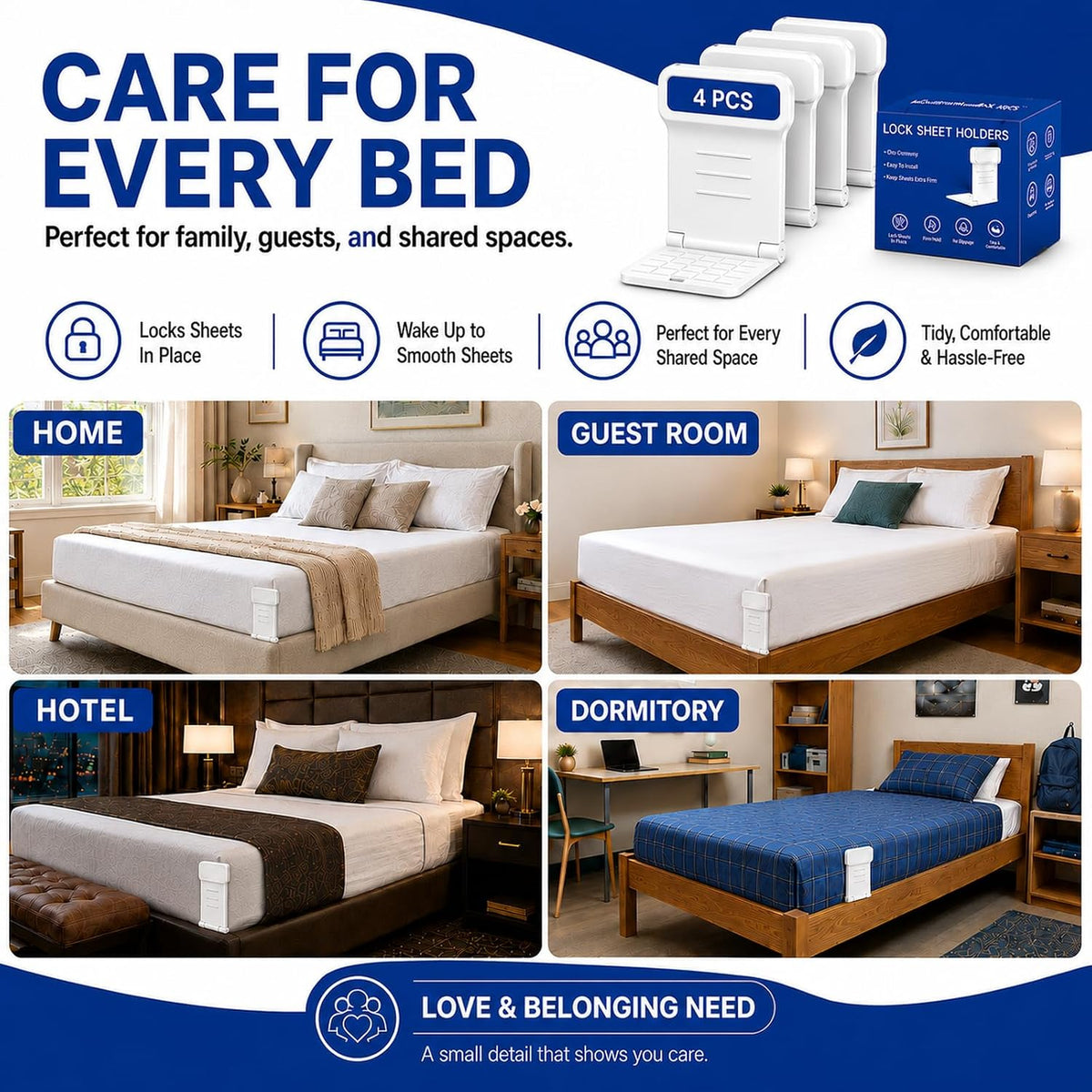 4-Pack Bed Sheet Holders, No-Metal Locking Corner Grippers