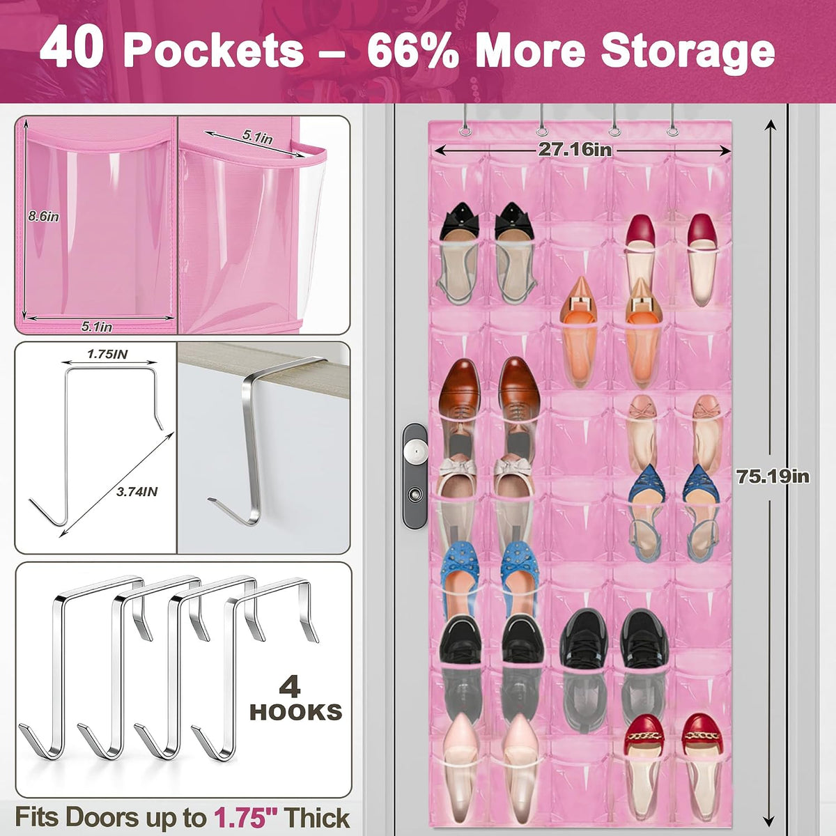 Over the Door Shoe Organizer with 40 Clear PVC Pockets – Waterproof Hanging Shoe Holder for Closet & Bathroom – Space-Saving Door Shoe Rack for Shoes, Toys, Toiletries & Snacks(Pink)