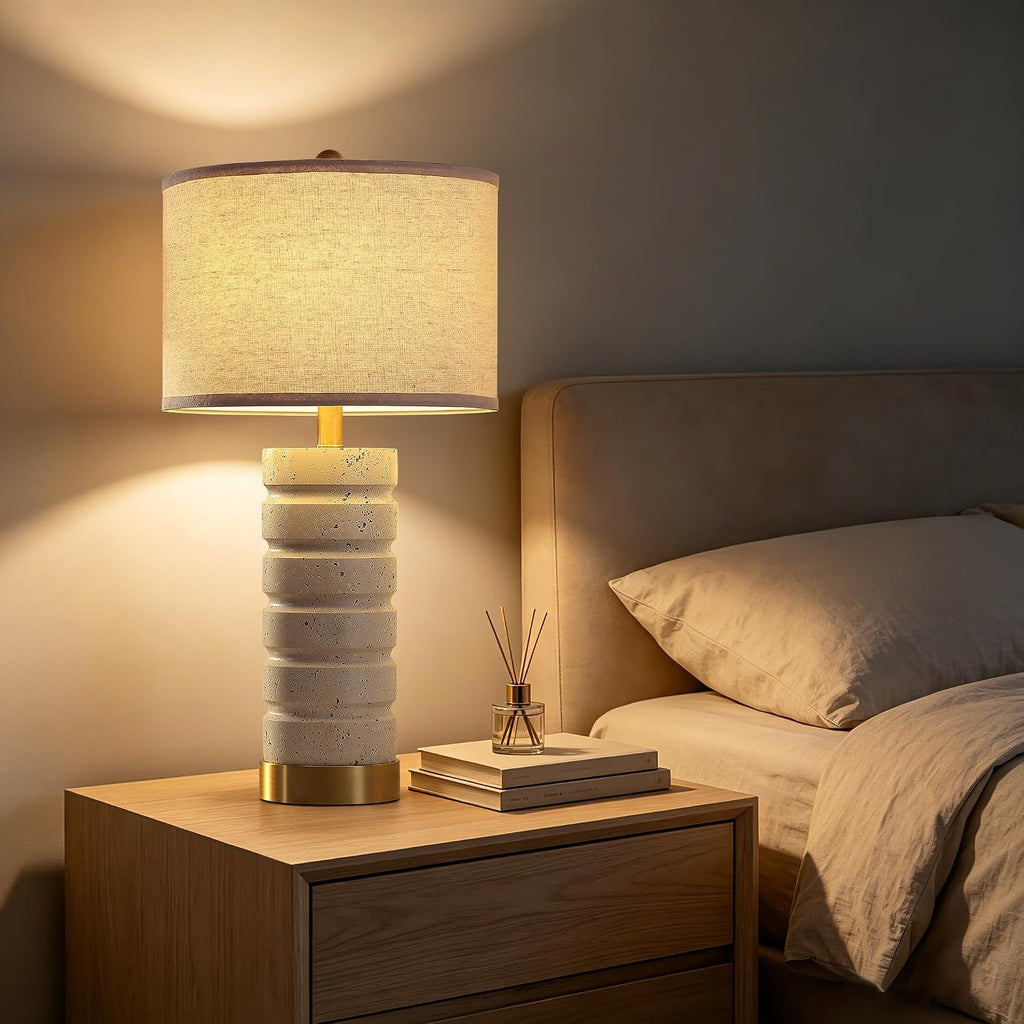 AIEAMPDO 26" Set of 2 Travertine Resin Table Lamps for Bedroom, Off-White