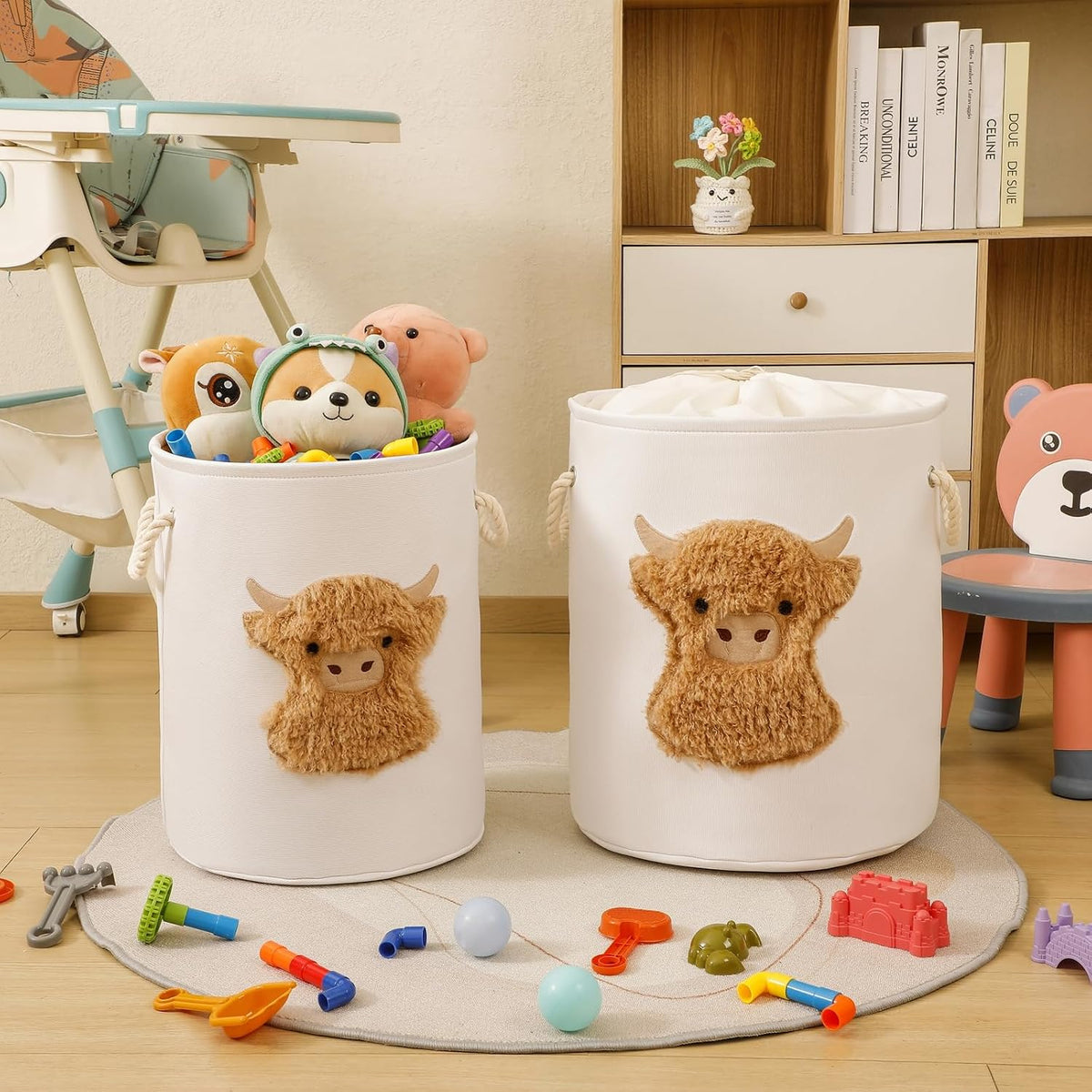 Kids Laundry Basket Baby Hamper for Nursery, 58L Large Dirty Clothes Hampers with Drawstring Closure, Highland Cow Baby Stuff Storage Basket, Stuffed Animal Storage Basket Canvas Toy Laundry Hamper