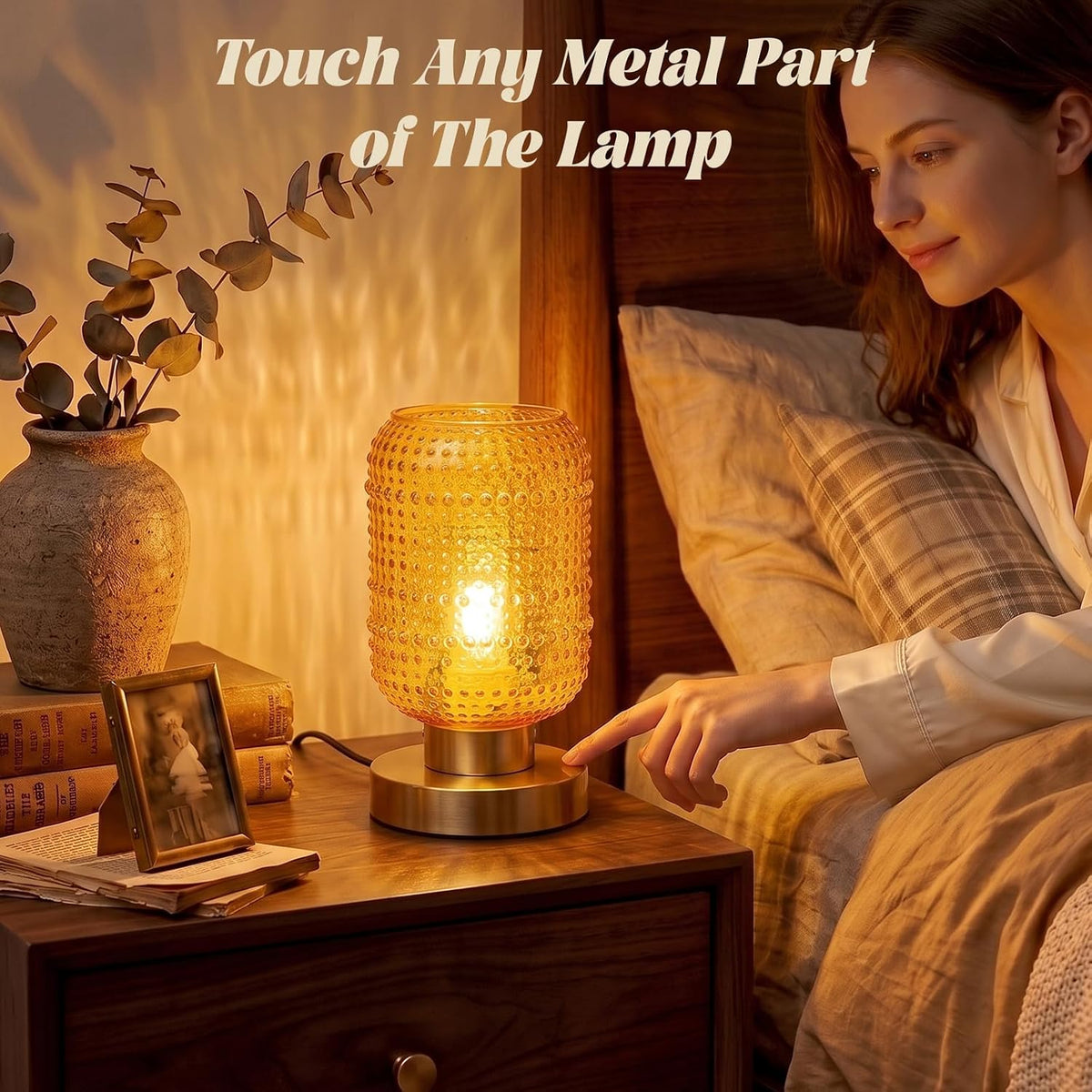 ZYER 8.9in Amber Table Lamp, Touch Control Lamp, Small Vintage Lamp