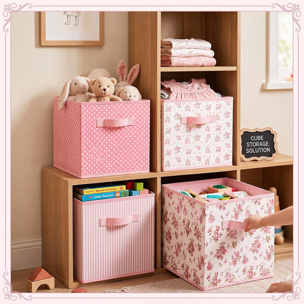 Marsui 4 Pcs Pink Flower Cube Storage Bins with Handle 11 Inch, Academic