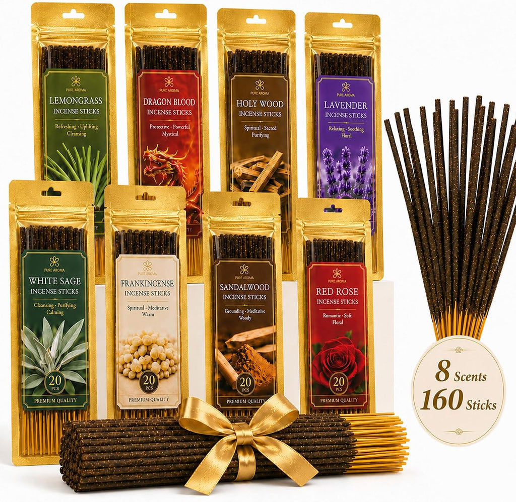 RAINFLOW Incense Sticks 160 Pack, 8 Scents Indian Incense Variety Pack