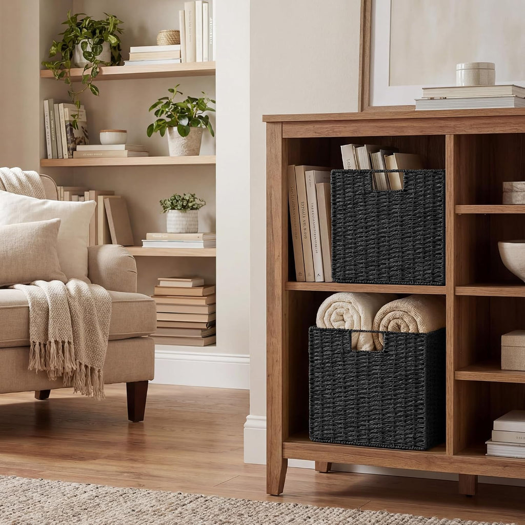 StorageWorks 13 inch Black Wicker Basket for Storage, Foldable Black Basket