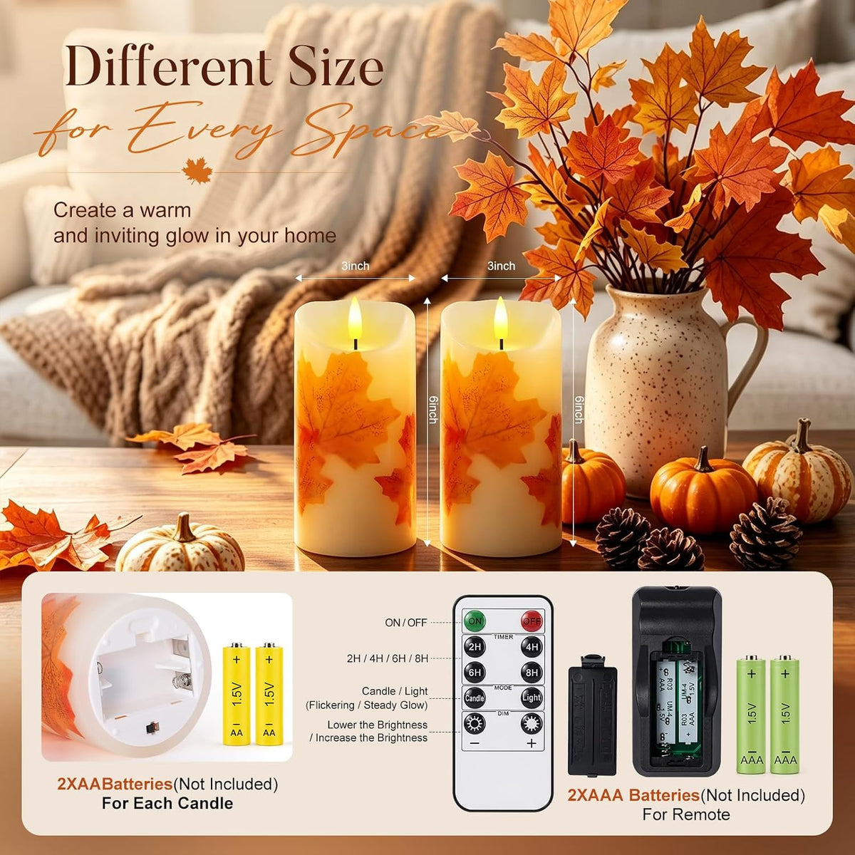 Raycare 6"x3" Maple Leaf Real Wax Flameless LED Pillar Candles with Remote