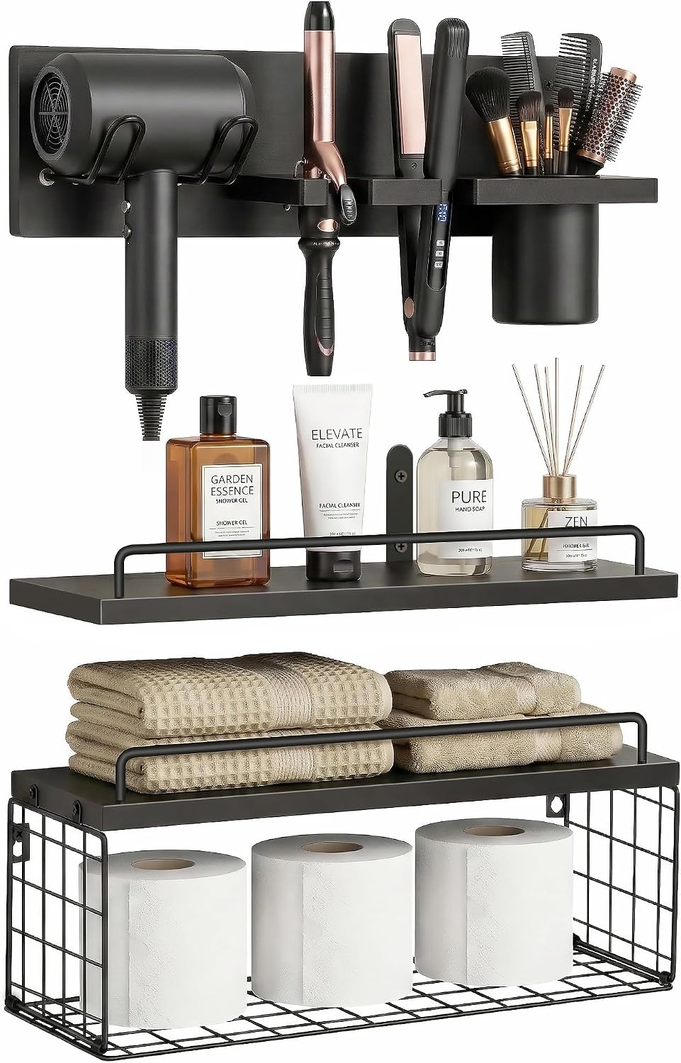 3-Tier Bathroom Floating Shelves with Hair Dryer Holder, Black