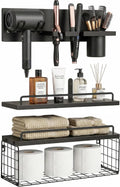 3-Tier Bathroom Floating Shelves with Hair Dryer Holder, Black