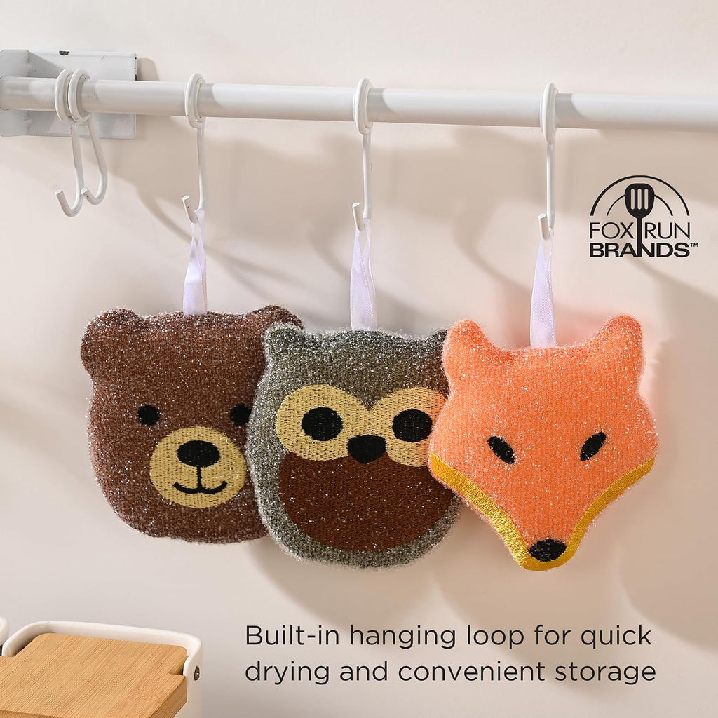Fox Run Woodland Animal Sponge Set, Non-Abrasive Fox, Owl & Bear Scrubbers