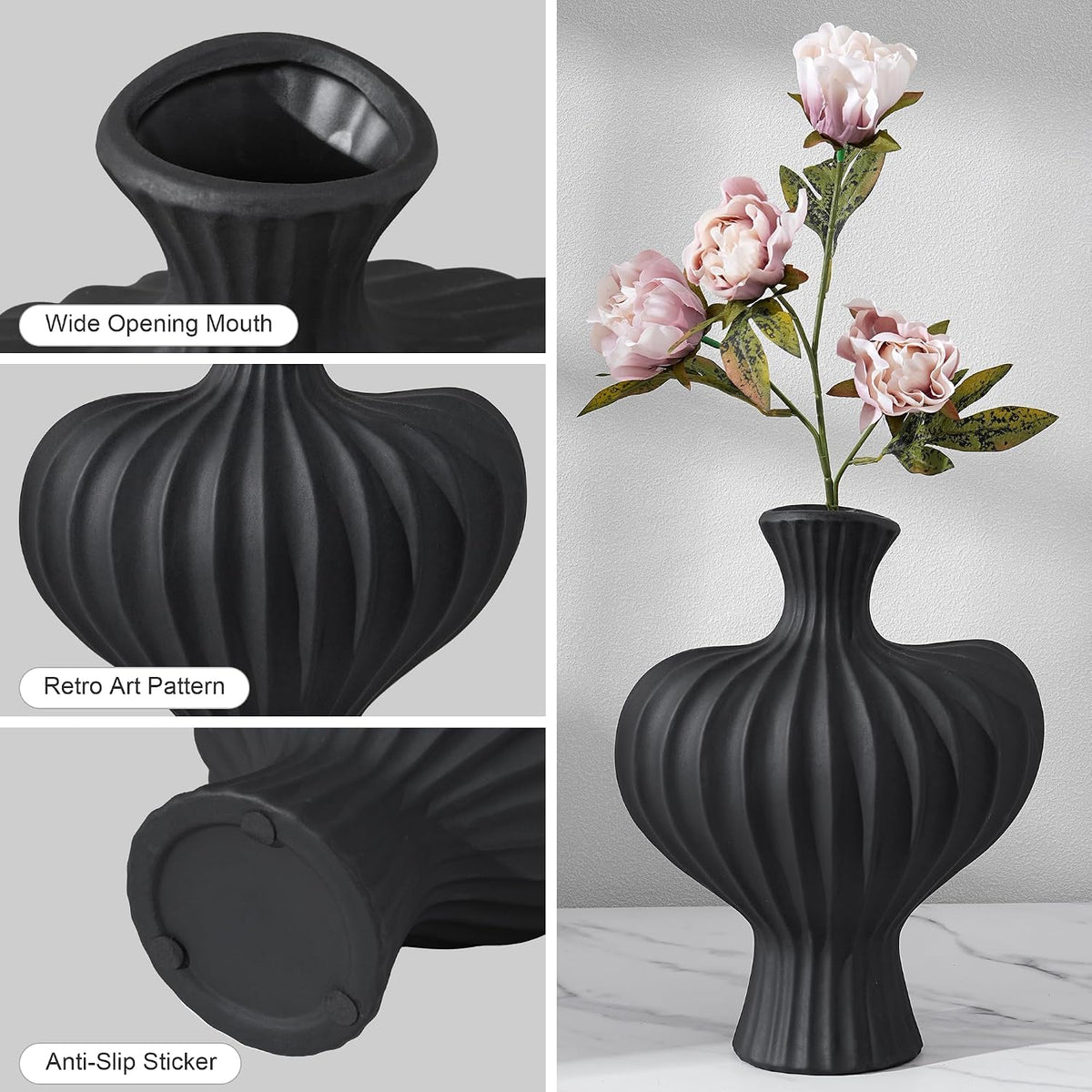 Ceramic Flower Vase Home Decor,11" Rustic Vintage Clay Black Heart Terracotta Vases Farmhouse Table Vases Living Room Decor Pottery Pots for Home Shelf Coffee Dining Desk Fireplace