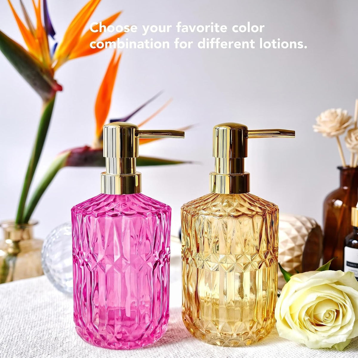 LaMarriti Pink Glass Soap Dispenser with Gold Rust Proof Pump, Refillable Thick Glass Kitchen Soap Dispenser, Lotion Dispenser Bathroom for Hands Soap, Dish Soap, Body Wash