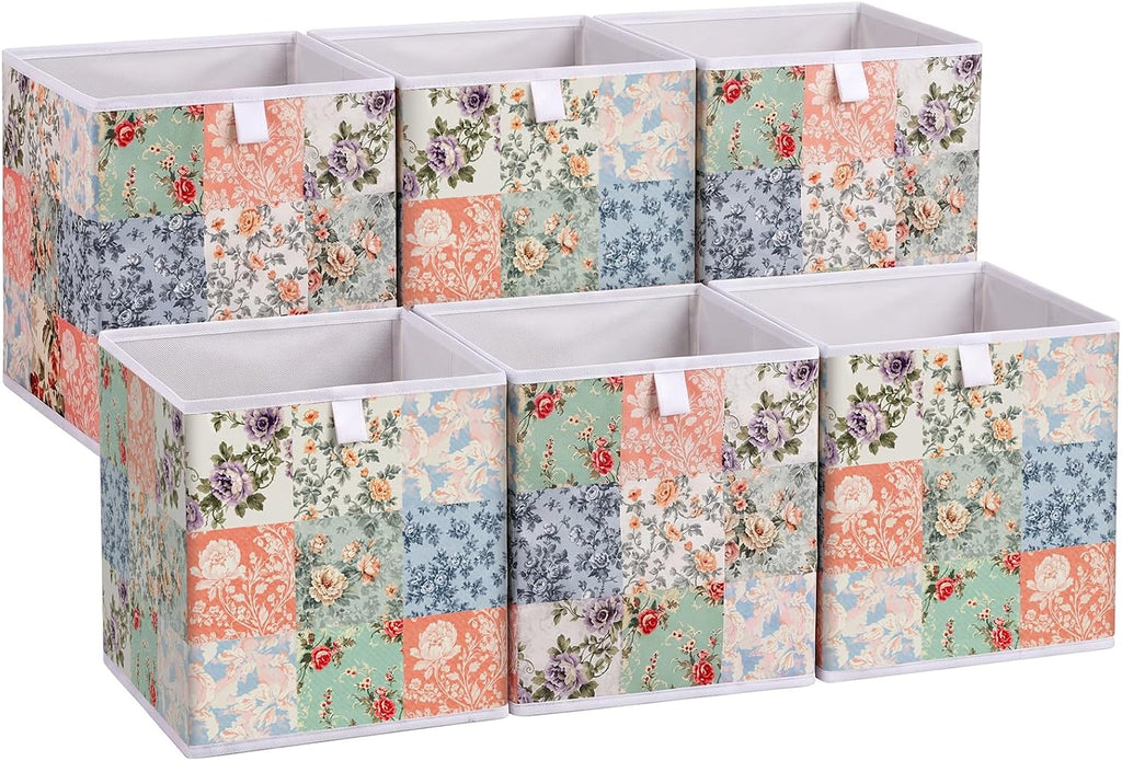 Yookeer 6 Pcs Pink Floral Cube Storage Bin 11" Foldable Basket with Handle