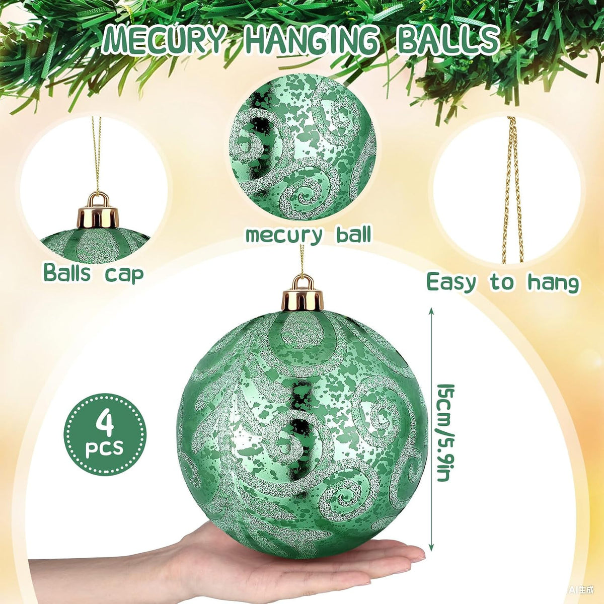 Arrowbash 4 Pcs 6'' Light Green Mercury Big Christmas Ball Ornaments Set