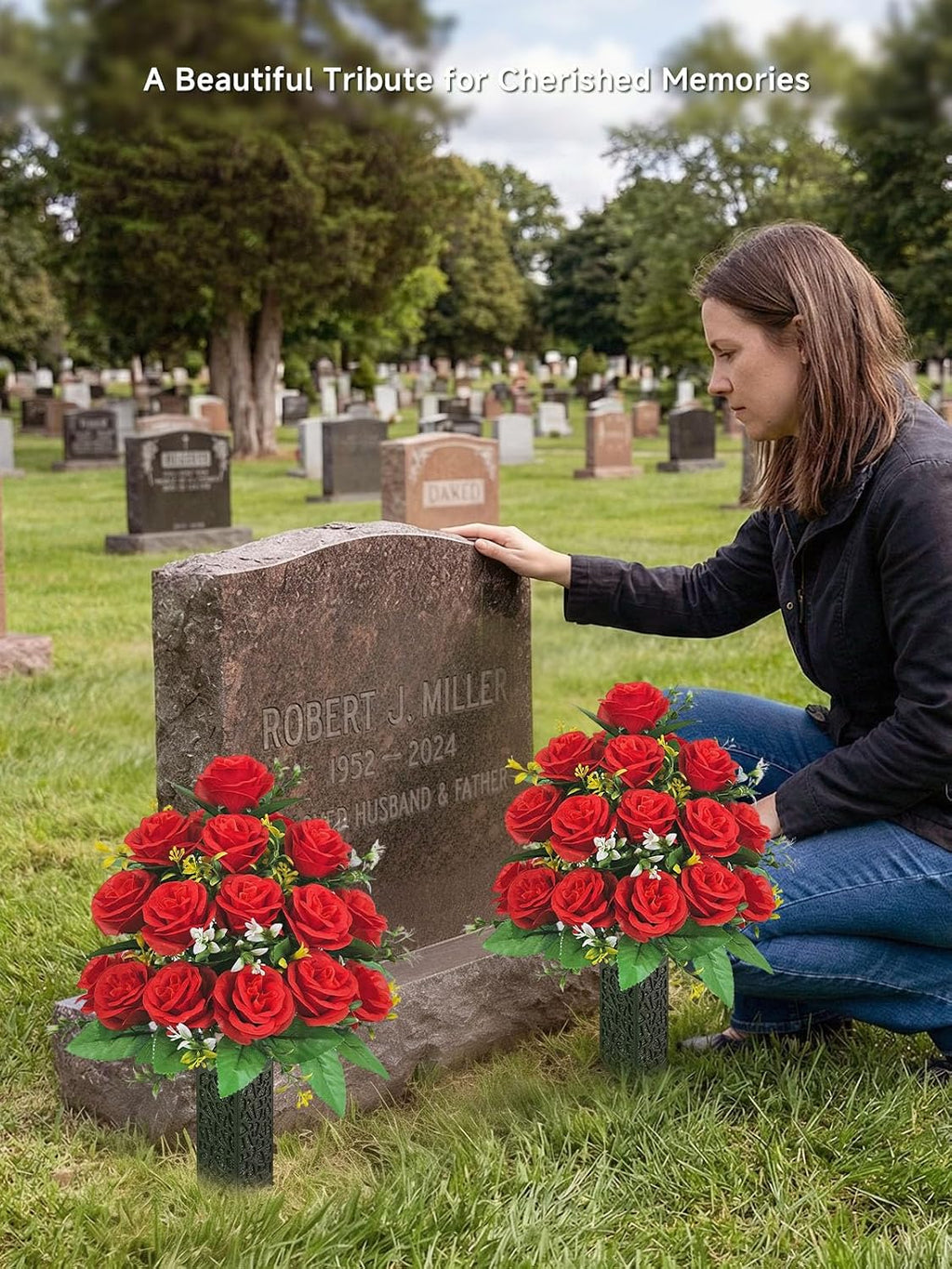 Mirevielyn 2-Pack Artificial Rose Cemetery Flowers with Spiked Vases