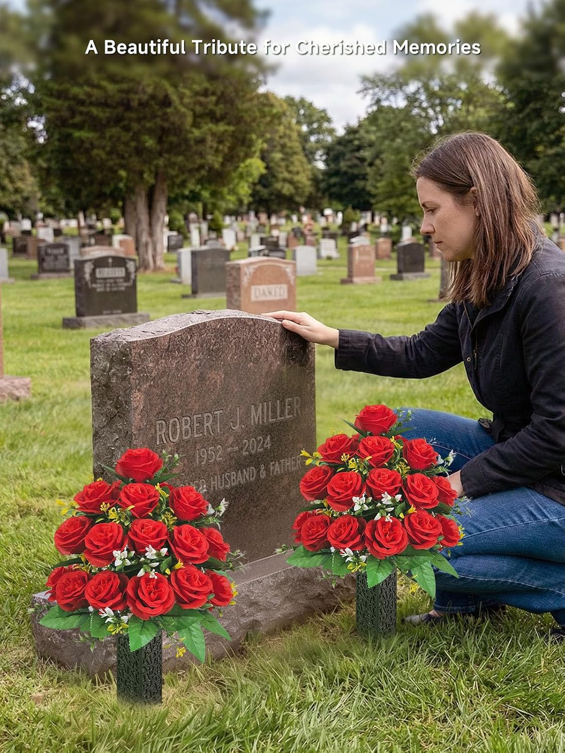 Mirevielyn 2-Pack Artificial Rose Cemetery Flowers with Spiked Vases