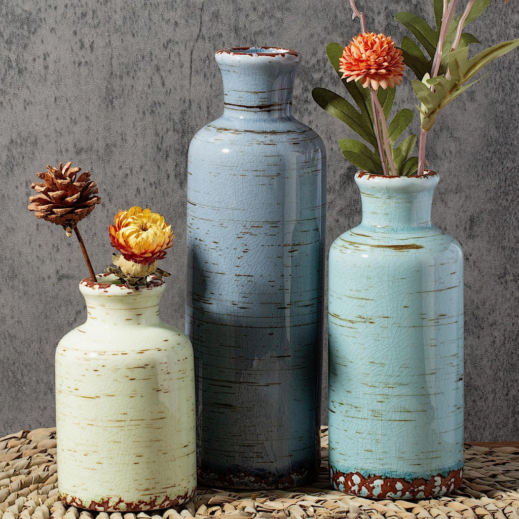 Ceramic Vintage Vase Set of 3, Gray Blue Green Crackle Glaze, Chinoiserie Floral Decor for Farmhouse Shelf, Table Centerpiece, Mantel, Living Room & Office