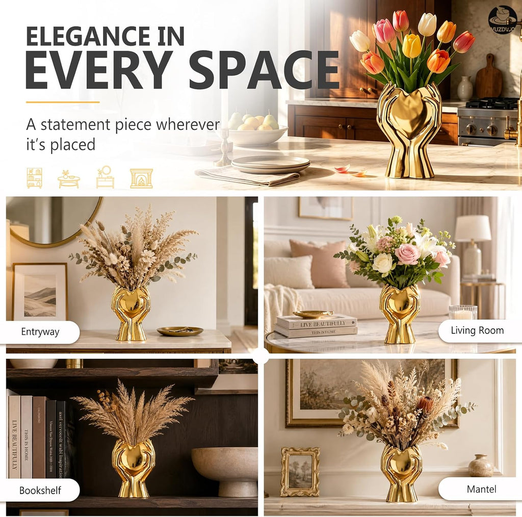 8" Heart Hand Gold Ceramic Vase - Unique Modern Aesthetic Flowers Vase for Living Room Bedroom Office Kitchen Table Centerpiece or Shelf Decor-Gifts for Wedding Bridal Shower Women Mom (Gold)