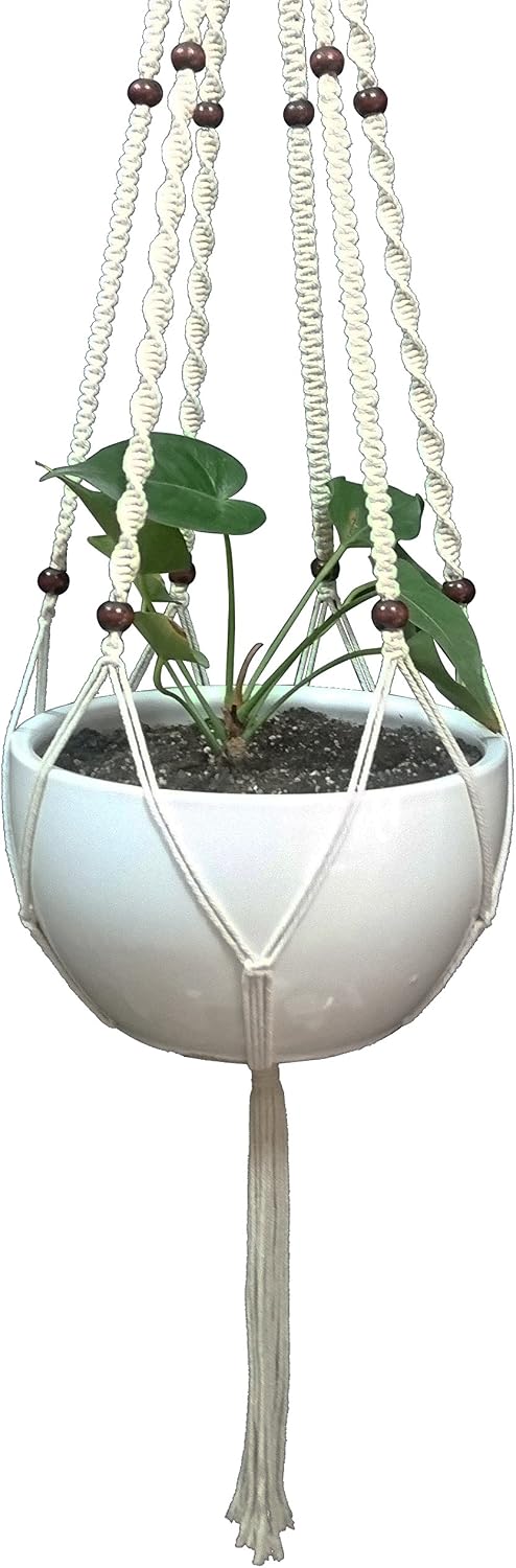 Plant Hanger Macrame Cotton 6 Legs 51 Inches in Tan and Green Color for Indoor Outdoor, Living Room, Kitchen, Deck, Patio, High and Low Ceiling with Size of 10-12 inches Without THE Pot (Cream)