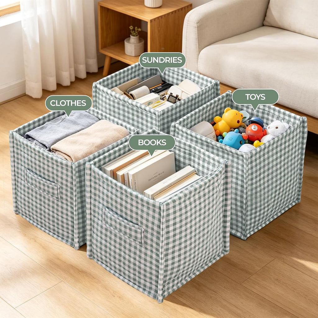 vctops Green Gingham Storage Cubes Organizer, 11.4 Inch 3 Pack Collapsible Fabric Storage Bins with Handles for Organization, Closet, Shelves, Offices, Toys (Green,11.4"x11.4"x11.4")