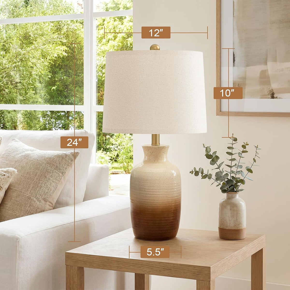 PoKat 24'' Farmhouse Handcrafted Table Lamp for Living Room, Rustic Ceramic Bedroom Lamps for Night Stands, Bedside Lamps with Soft Ombre Finish for Entryway Sideboard End Table (Beige and Brown)