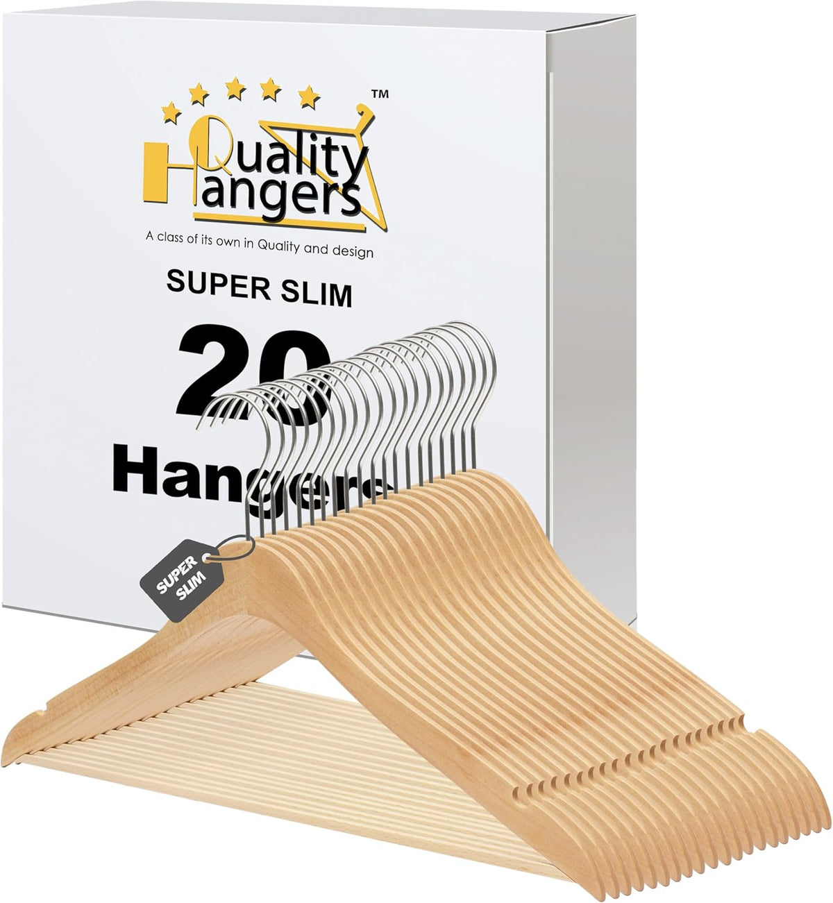 Quality Hangers 16.5" Wooden Hangers Multi Pack, Ultra Thin Space Saving Natural, 360 Degree Swivel Hook, Best for Shirts, Blouses, Pant, Suit, Coat, Dress Hangers Natural (20, Natural, With Pant Bar)