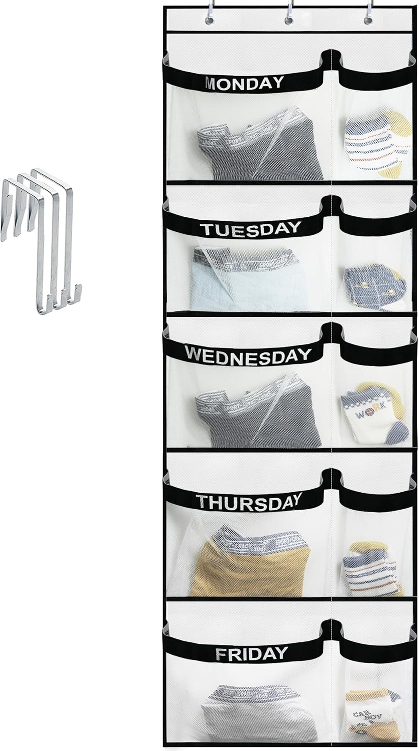 Weekly Kids Clothes Organizer Day of Week School, Over the Door Clothing Storage Organizer from Monday to Friday, Hanging Closet Organizer wtih 3 Metal hooks or Nursery, Bedroom