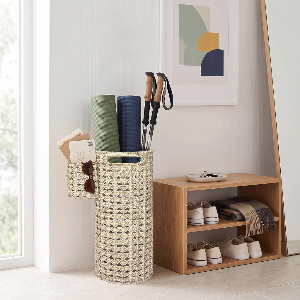 Wicker Umbrella Stand for Entryway, Handwoven PE Rattan with Side Basket