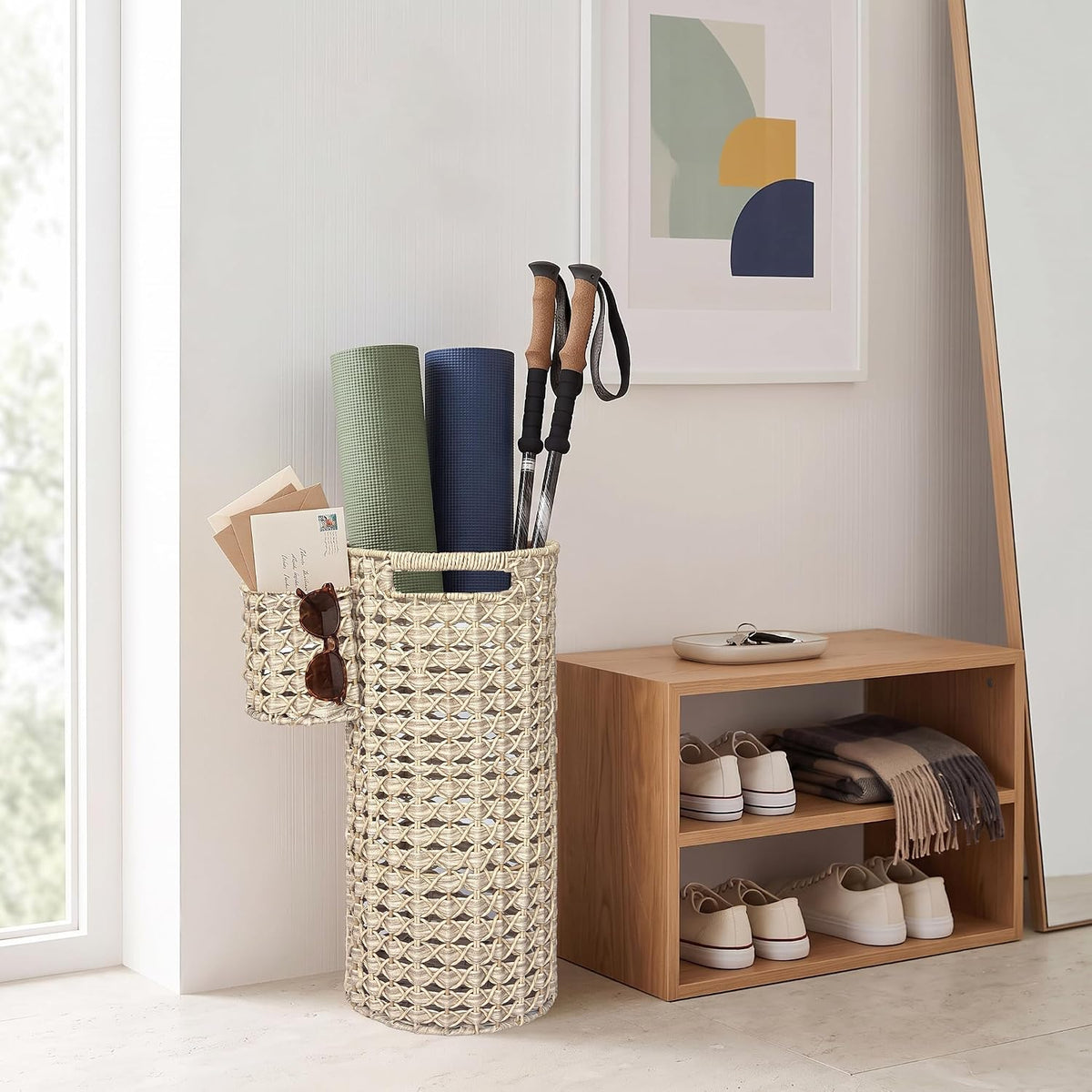 Wicker Umbrella Stand for Entryway, Handwoven PE Rattan with Side Basket