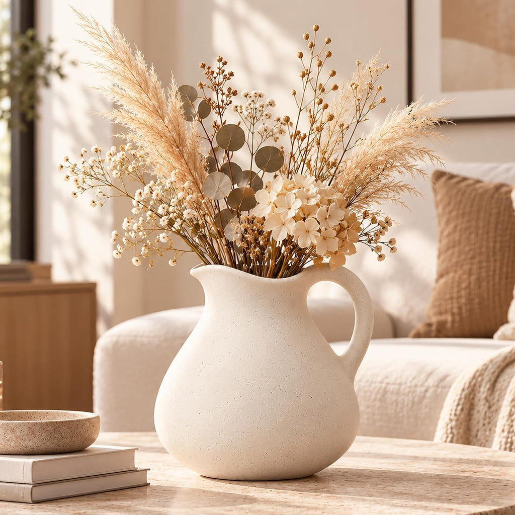 Ceramic Pitcher Vase, Large Beige Flower Vase with Handle for Home Decor