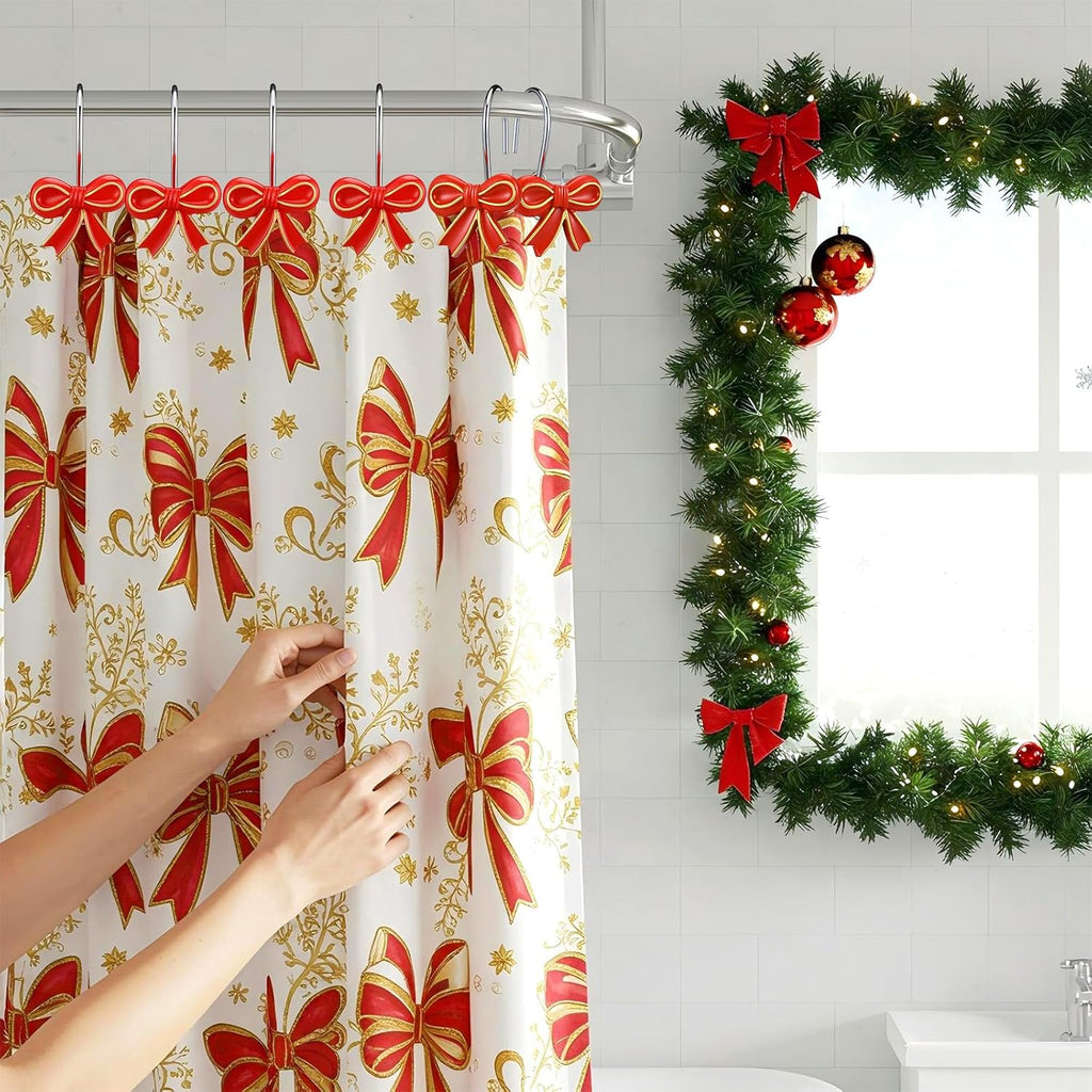 Weysat 12 Pcs Red Bow Christmas Shower Curtain Hooks Bathroom Decor
