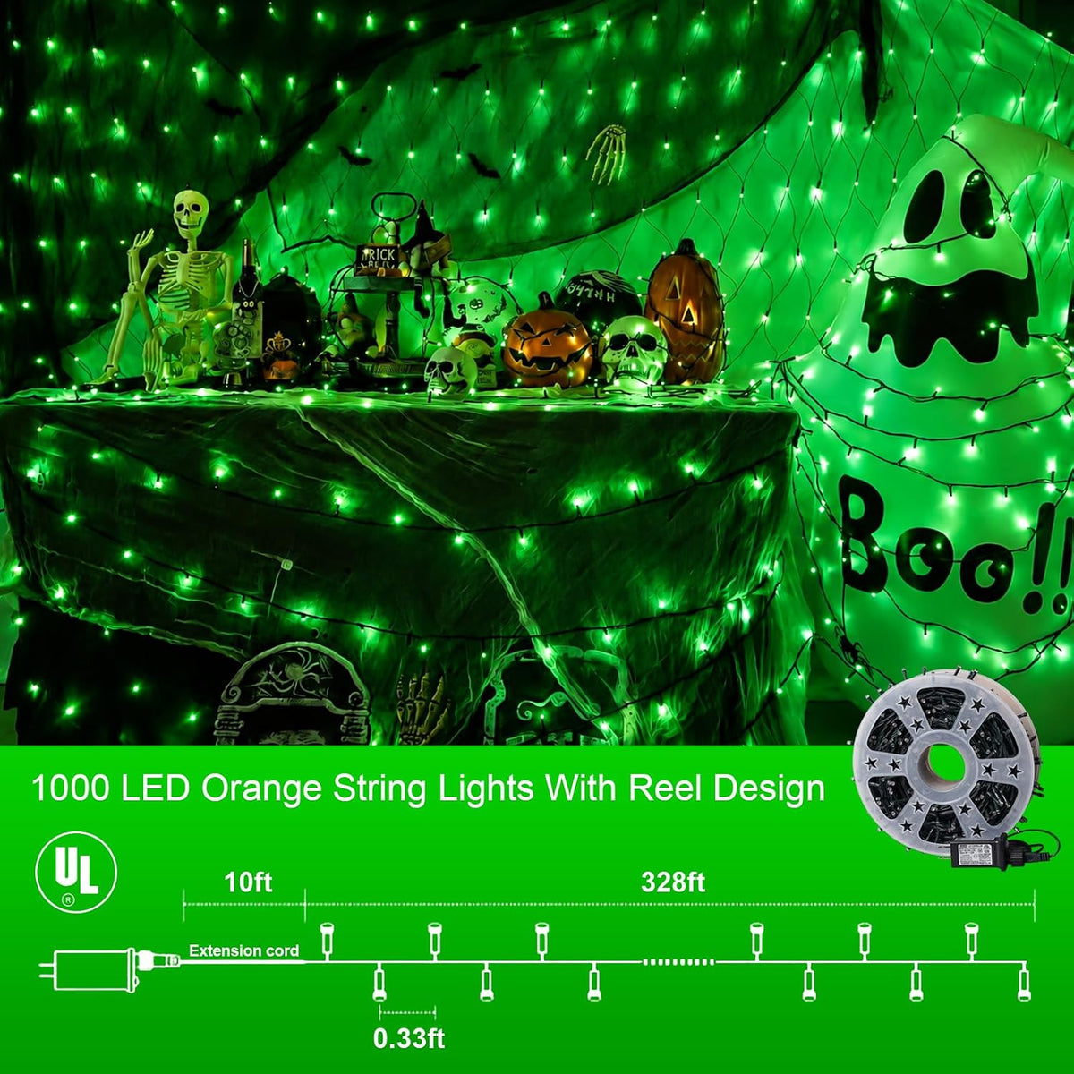 YEGUO 328ft 1000 LED Green Halloween String Lights
