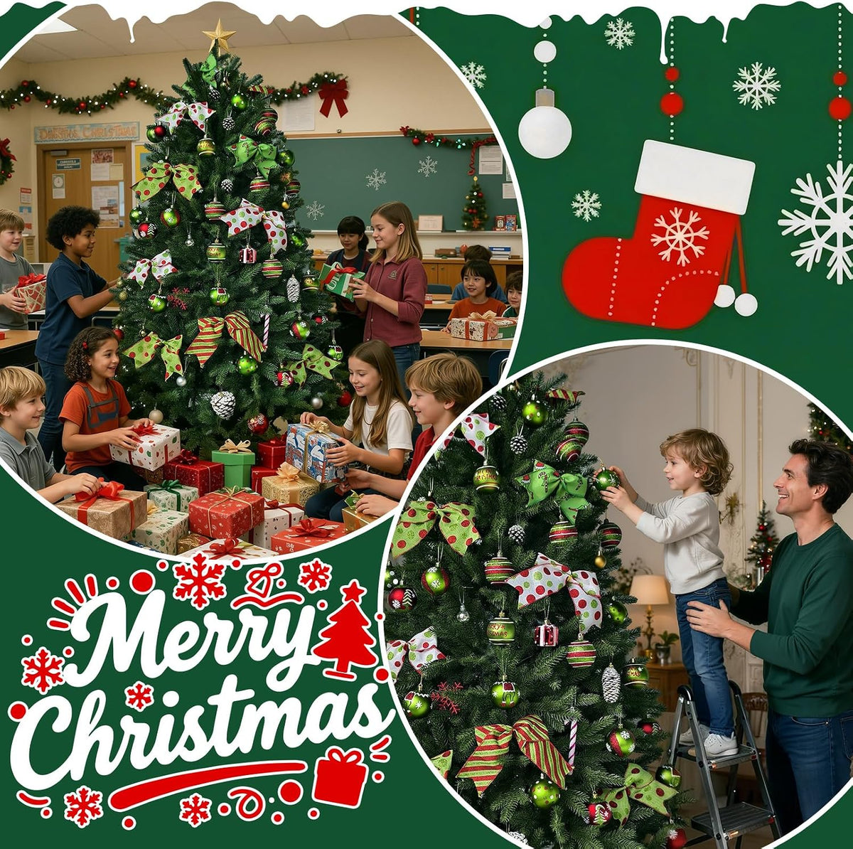 Christmas Tree Ornaments, 18 PCS Christmas Decorations Set with Red and Green Hanging Balls & Christmas Bows & Ribbon, Shatterproof Bulbs for Navidad Tree Decor and Holiday Party