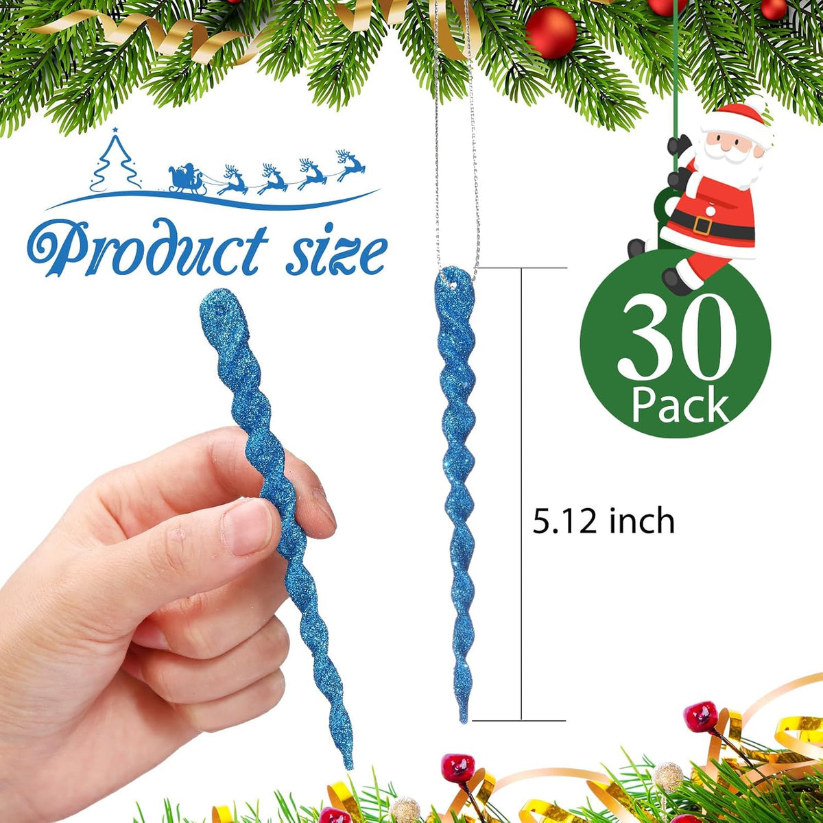 Boao 30 Pcs Christmas Plastic Icicle, Peacock Blue, 5.12 Inch