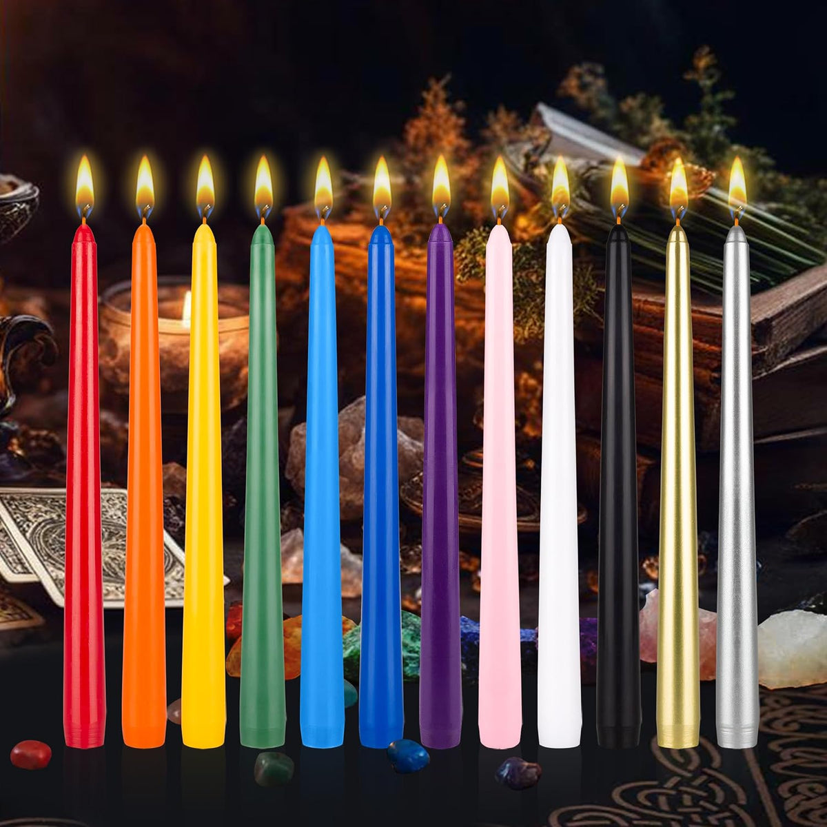 Mega Candles 12 pcs Unscented Supreme Assorted Colors Chime Taper Candles, Handcrafted Wax Candle 10 Inch x 7/8 Inch, Casting Chimes, Rituals, Spells, Vigils, Witchcraft, Wiccan, Meditation, Altar