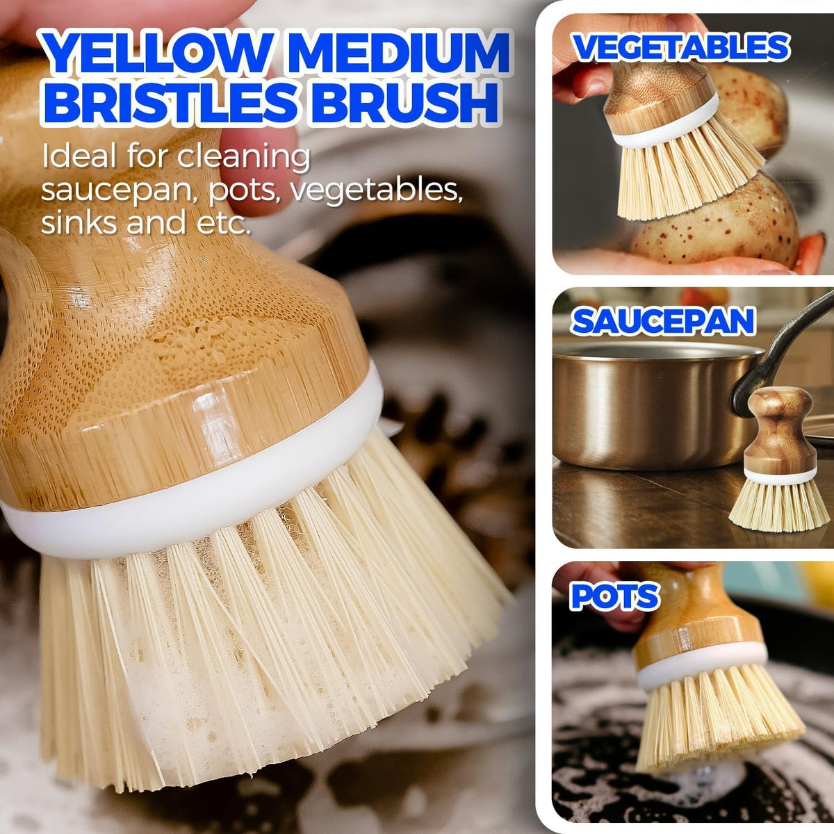 Holikme Bamboo Palm Brush Dish Brushes Round Vegetable Brush,Yellow