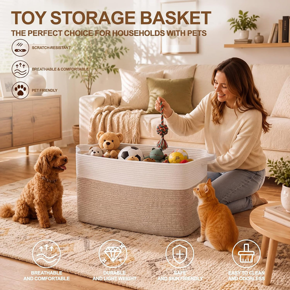 Extra Large Laundry Basket, 95L Blanket Basket for Living Room, Cotton Rope Toy Storage for Kids, Woven Baskets for Clothes, Towels, Pillows, 24" x 17" x 14", Brown and White